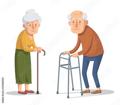Couple of old people is standing with a walking frame and stick. Vector illustration.
