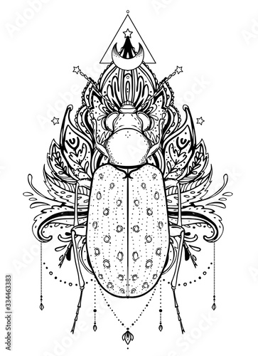 Black and white beetle over sacred geometry, isolated vector illustration. Ta...