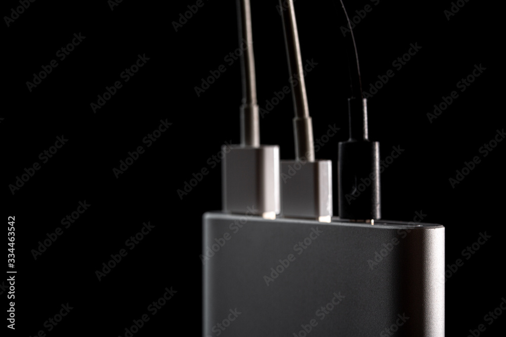 Power Bank with USB on a black background Power Bank with USB on a black background