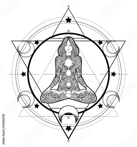 Woman ornate silhouette sitting in lotus pose and Sacred Geometry. Ayurveda symbol of harmony and balance. Tattoo design, yoga logo. poster, t-shirt textile. Anti stress book. Isolated vector.