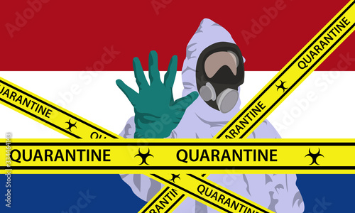 Illustration vector graphic of image man wearing hazmat suits to prevent Coronavirus and diseases on Netherlands flag background. Vector of yellow quarantine tape. Concept of covid-19 quarantine.