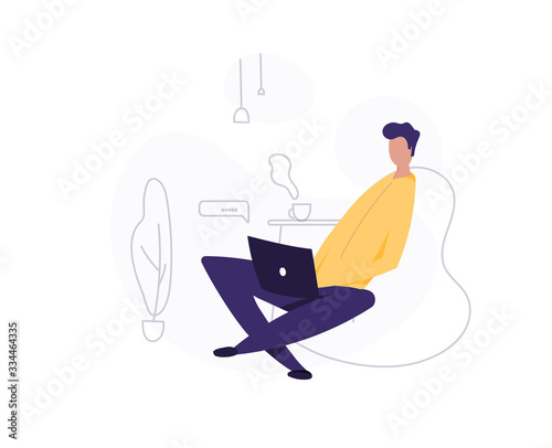man use laptop. working at home. freelancer. young man, student vector illustration. isolated in white background. modern flat cartoon characters. self-isolation. quarantine