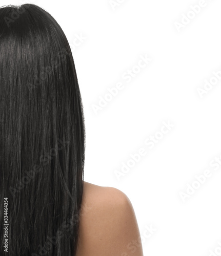 Young Asian woman with beautiful hair on white background