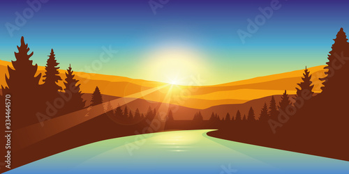 river in a forest at sunrise autumn outdoor adventure vector illustration EPS10