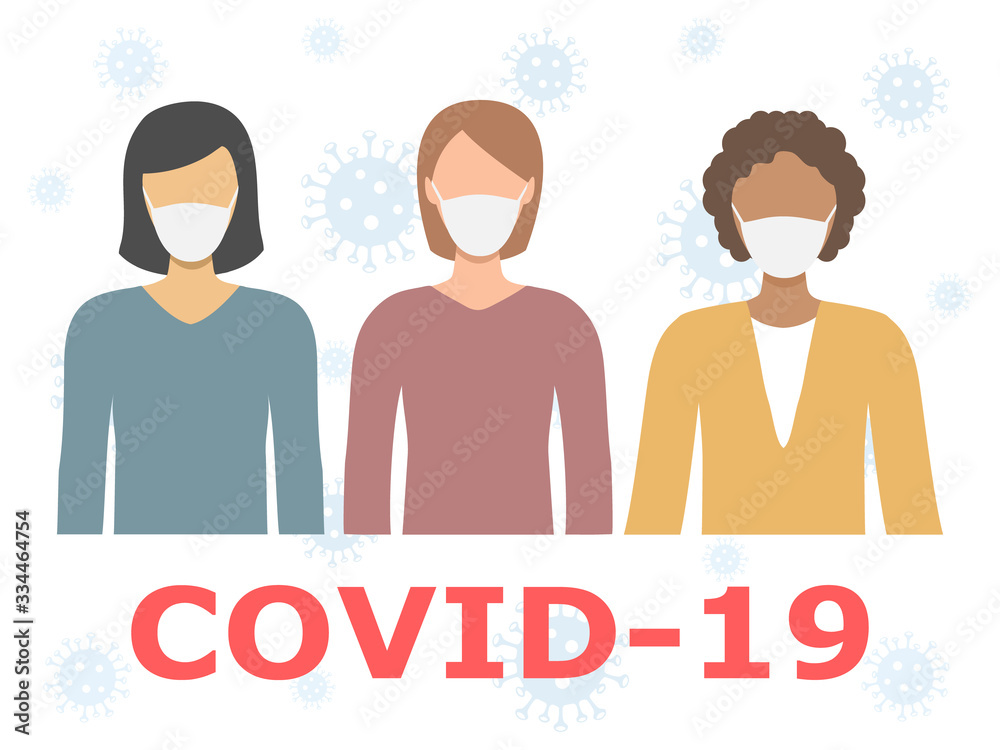 Group of multiethnic men and women wearing medical masks. Disease, flu, contaminated air, world pollution, pandemic concept . Vector illustration in a flat style isolated on white Group of multiethnic men and women wearing medical masks. Disease, flu, contaminated air, world pollution, pandemic concept . Vector illustration in a flat style isolated on white