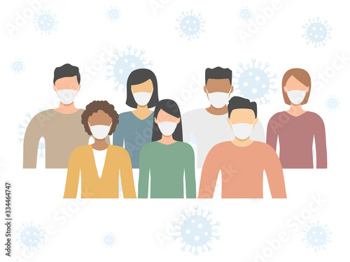 Group of multiethnic men and women wearing medical masks. Disease, flu, contaminated air, world pollution, pandemic concept . Vector illustration in a flat style isolated on white