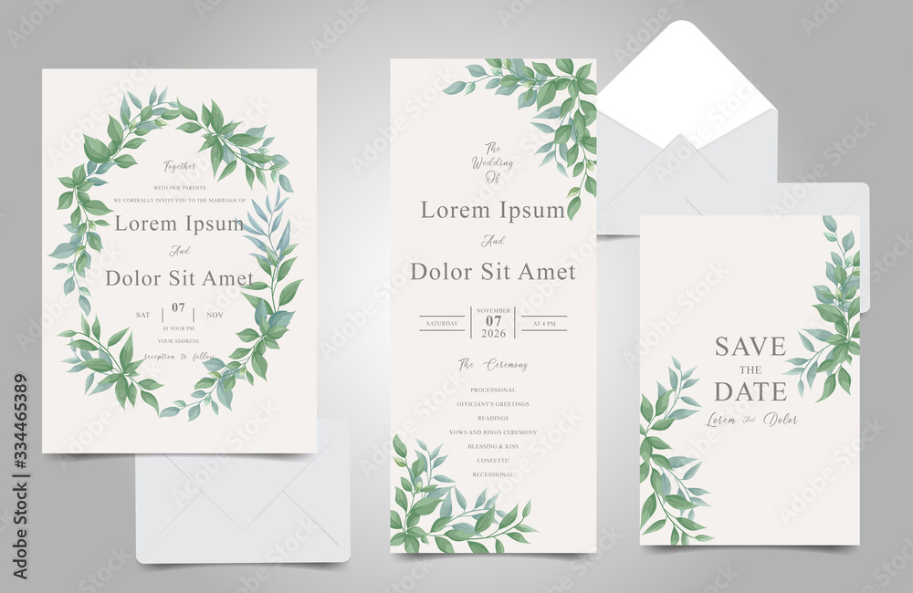 Editable wedding invitation card set template with Elegant Foliage