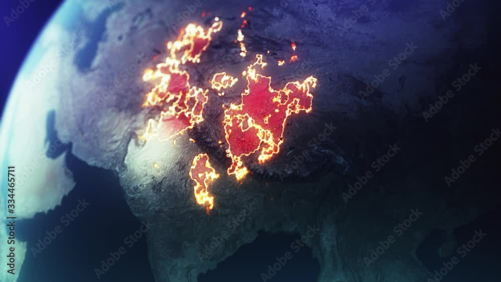 a shot from space for planet earth focusing on china region as we see a plague. infection or corona virus spreading across the land visualized in a fire effect the disease spreading across china,