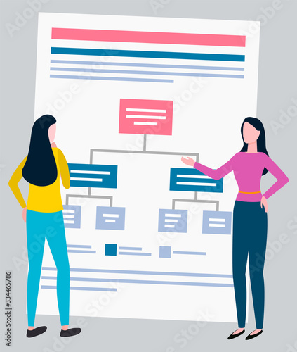 Scheme or graphic, office workers, isolated women. Vector business presentation or infographic, algorythm on paper sheet, brokers collaboration cooperation