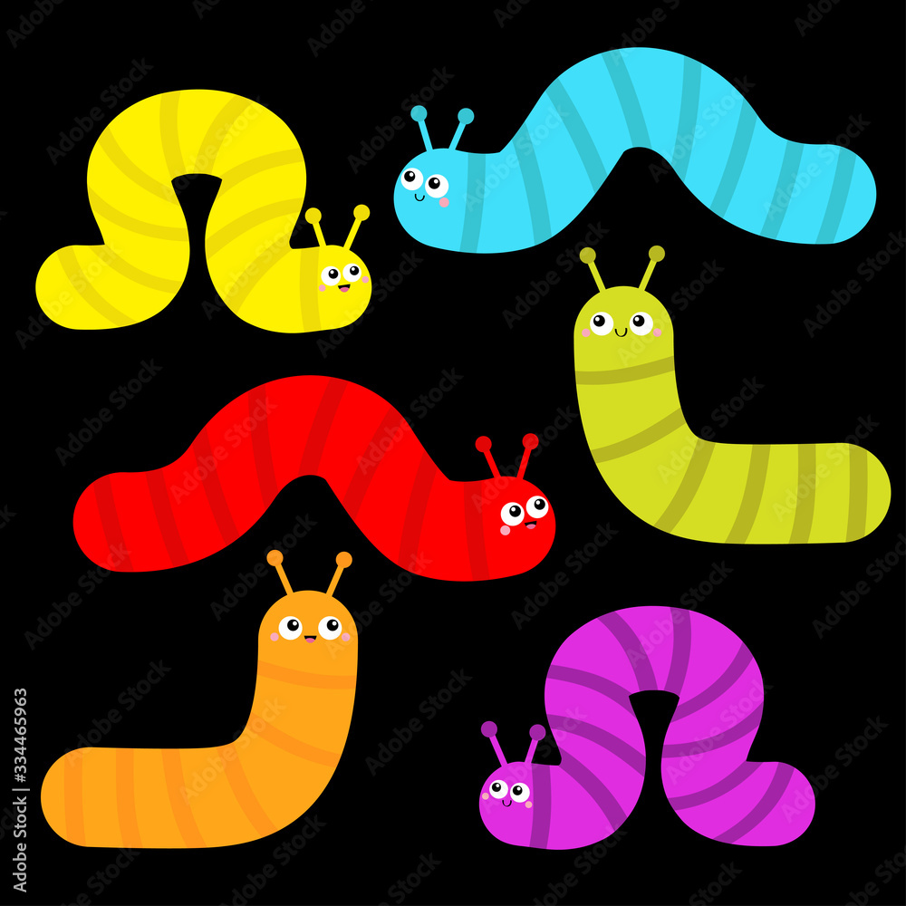 Caterpillar set. Insect icon. Cute crawling bug. Cartoon funny kawaii baby  animal character. Smiling face. Colorful bright green blue yellow red  orange purple color. Flat design. Black background. Stock Vector | Adobe