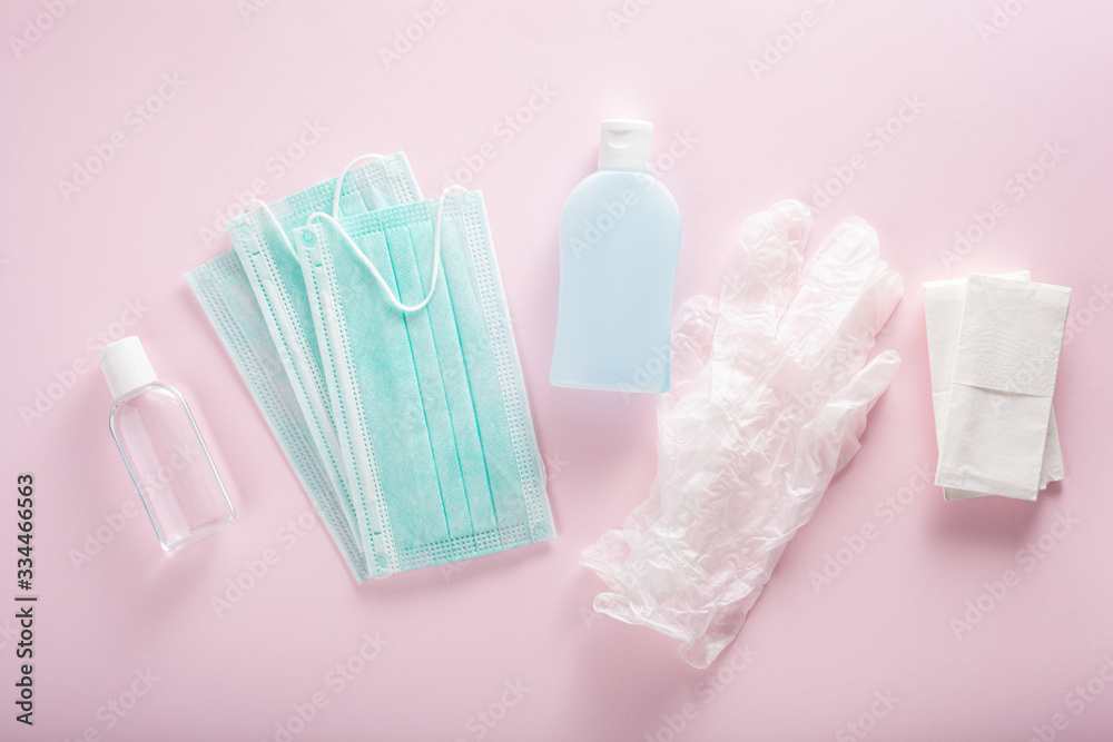 protective medical mask, sanitizer gel and gloves. protective measures against virus, bacteria protective medical mask, sanitizer gel and gloves. protective measures against virus, bacteria