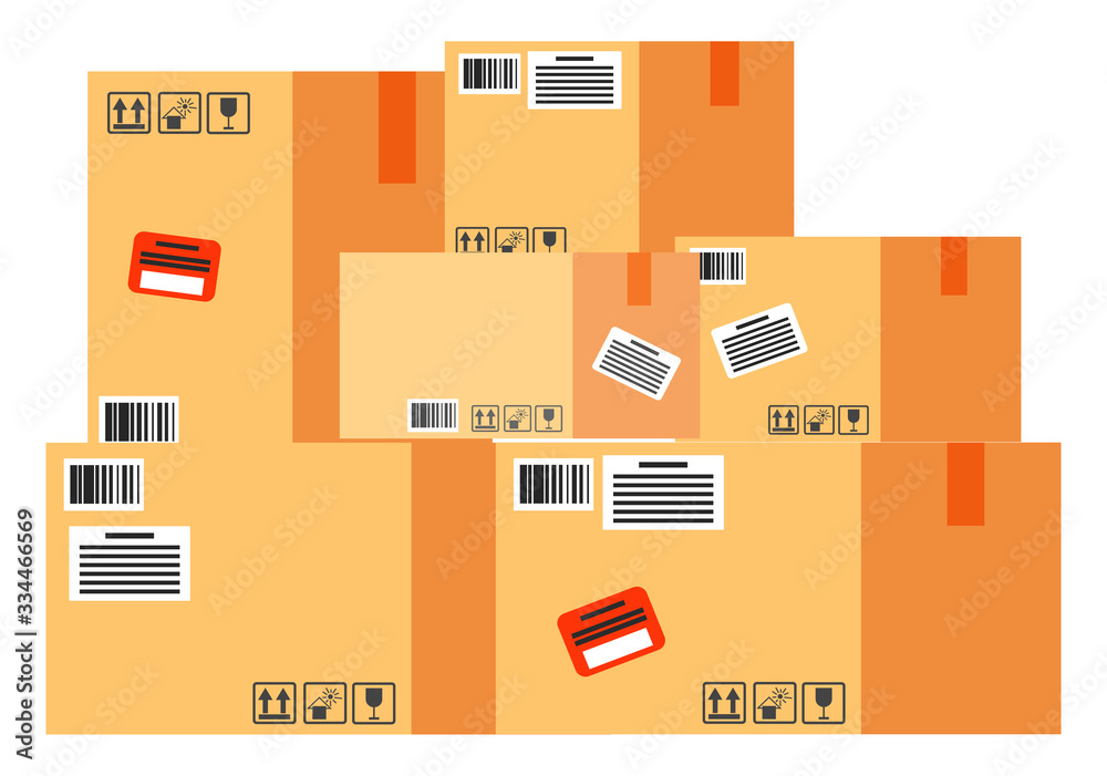 Cube shaped big boxes, international postal containers. Worldwide delivering for parcels. Warehouse with brown cardboard objects isolated on white background, vector illustration in flat style Cube shaped big boxes, international postal containers. Worldwide delivering for parcels. Warehouse with brown cardboard objects isolated on white background, vector illustration in flat style