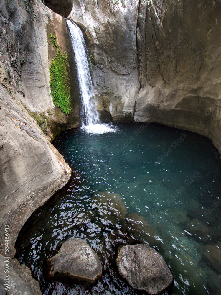 Naklejka premium Beautiful waterfalls with motion blur in the nature of Side in Turkey with beautiful colors in the rocks.....