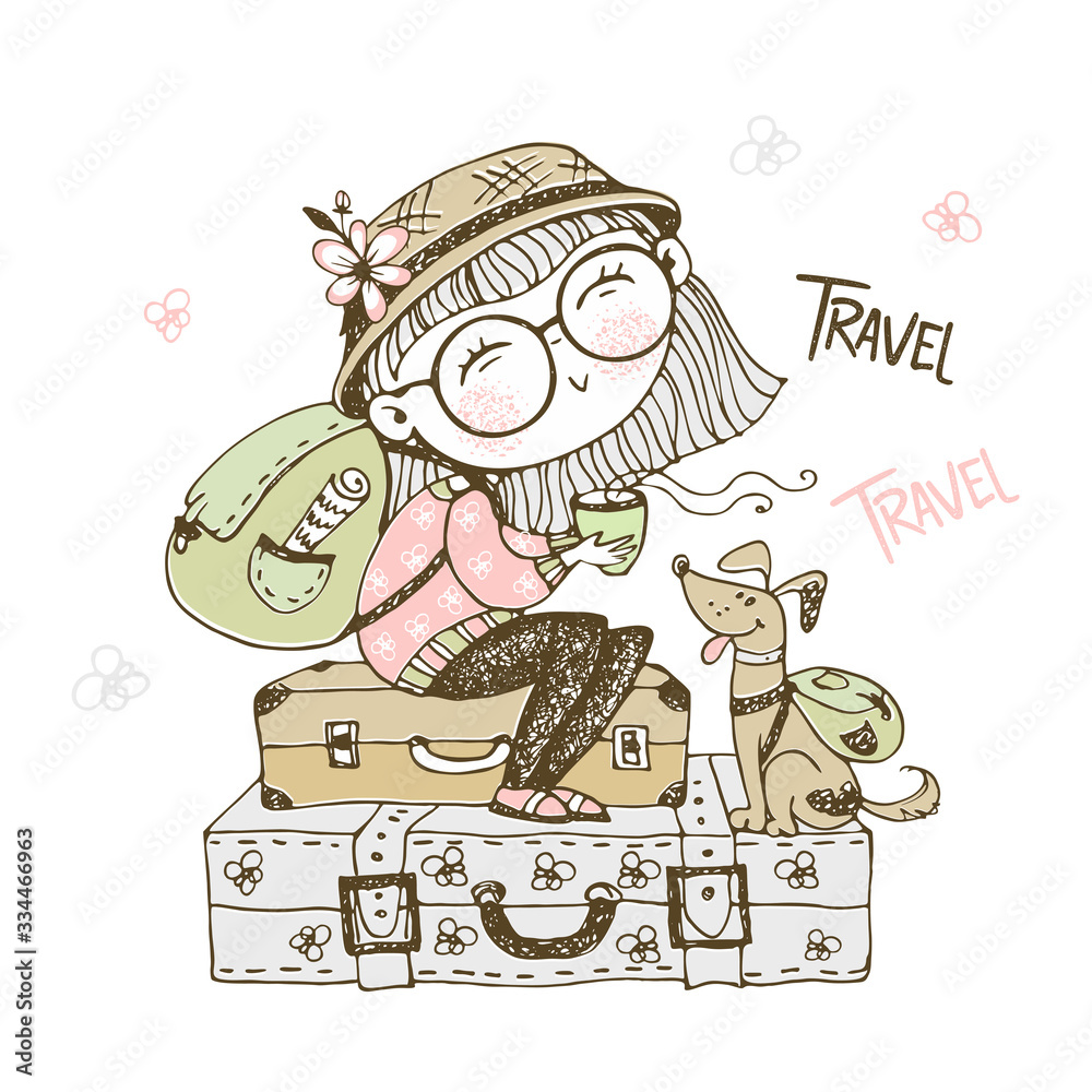 Obraz Cute girl tourist with a backpack sitting on suitcases with her dog. Vector.