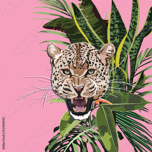Graceful leopard and tropical leaves. Savana cat. Elegant poster, t-shirt composition, hand drawn style print.  Pink background.