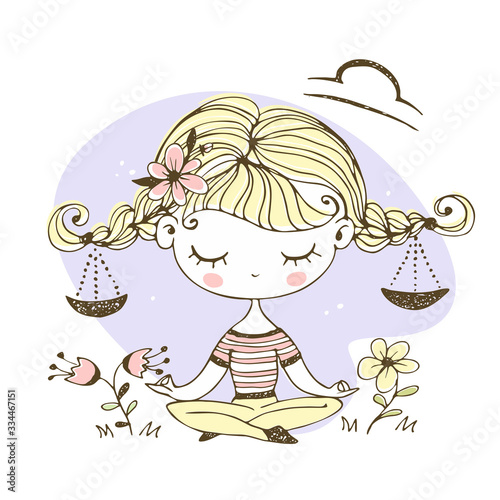 Libra zodiac sign. Cute girl with pigtails in the Lotus position. Vector