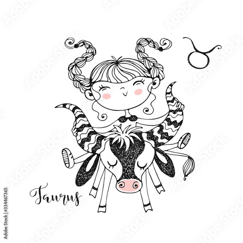 Zodiac sign Taurus. Funny children's horoscope in Doodle style. Vector.