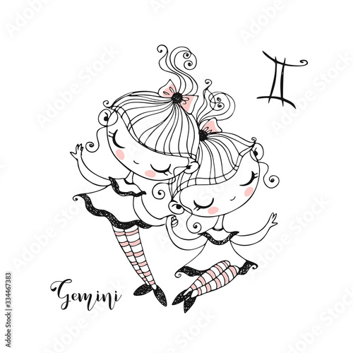 Zodiac sign Gemini. Funny children's horoscope in Doodle style. Vector