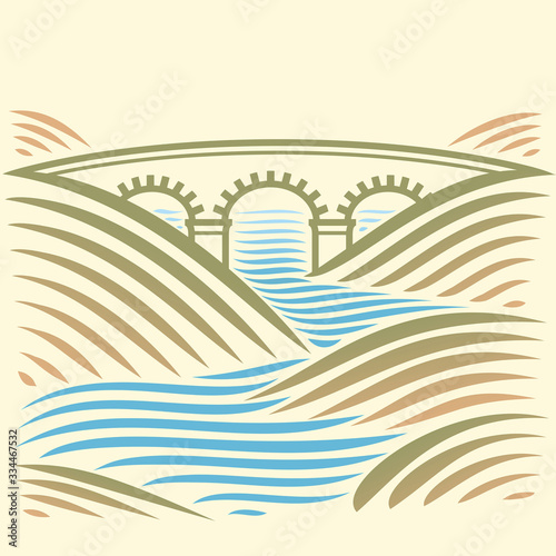 Landscape with bridge over the river.