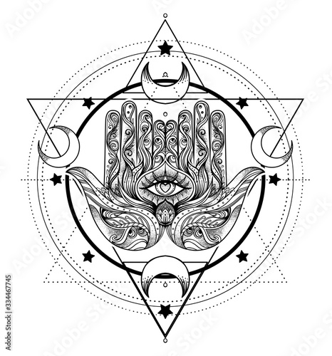 Ornate hand drawn hamsa. Popular Arabic and Jewish amulet. Vector illustration isolated on white. Tattoo design, mystic symbol. coloring book for adults. Black outline tattoo flash.