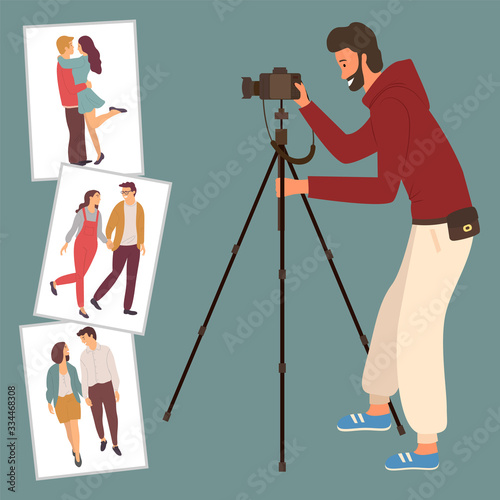 Love story photos, photographer and camera on tripod vector. Creative work, photography or photograph, couples photoset, man and digital device, pictures