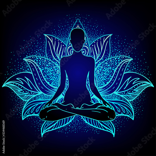 Chakra concept. Inner love, light and peace. Buddha silhouette in lotus position over colorful ornate mandala. Vector illustration isolated. Buddhism esoteric motifs. Tattoo, spiritual yoga.
