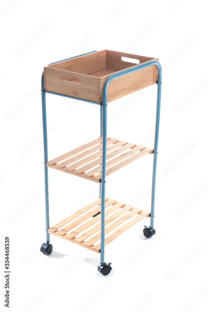 Shelving unit with wheels on white background