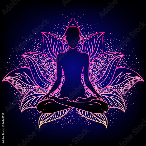 Chakra concept. Inner love, light and peace. Buddha silhouette in lotus position over colorful ornate mandala. Vector illustration isolated. Buddhism esoteric motifs. Tattoo, spiritual yoga.
