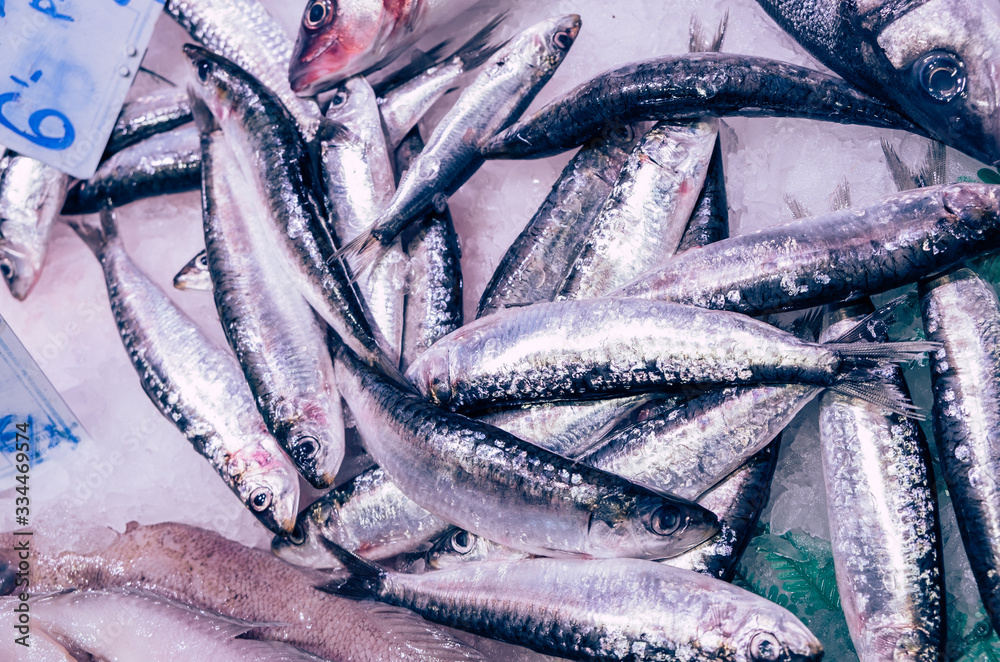 Fresh raw sea Fish, lying on ice, seafood on market stall. Closeup photo.