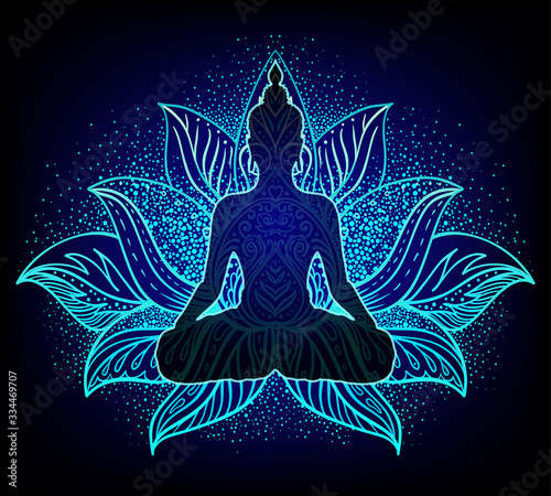 Chakra concept. Inner love, light and peace. Buddha silhouette in lotus position over colorful ornate mandala. Vector illustration isolated. Buddhism esoteric motifs. Tattoo, spiritual yoga.