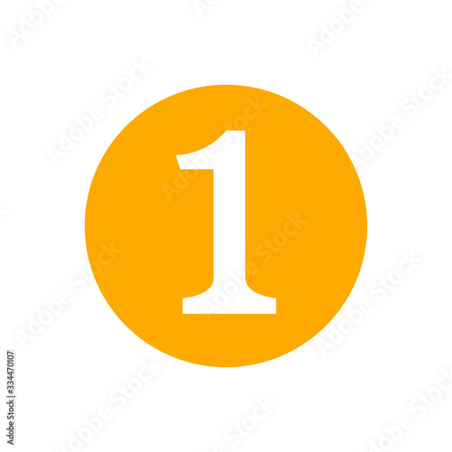 icon number 1 in circle orange isolated on white, flat currency coin one 1 money, first symbol with circle shape, 1st symbol for success or quality, medal one 1 for winner, simple number one button