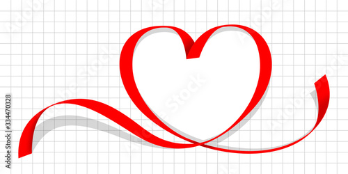 ribbon red with heart shape on grid background for copy space, ribbon line red heart-shaped, heart shape ribbon stripes red, border tape curl heart shaped for decoration greeting valentines love card