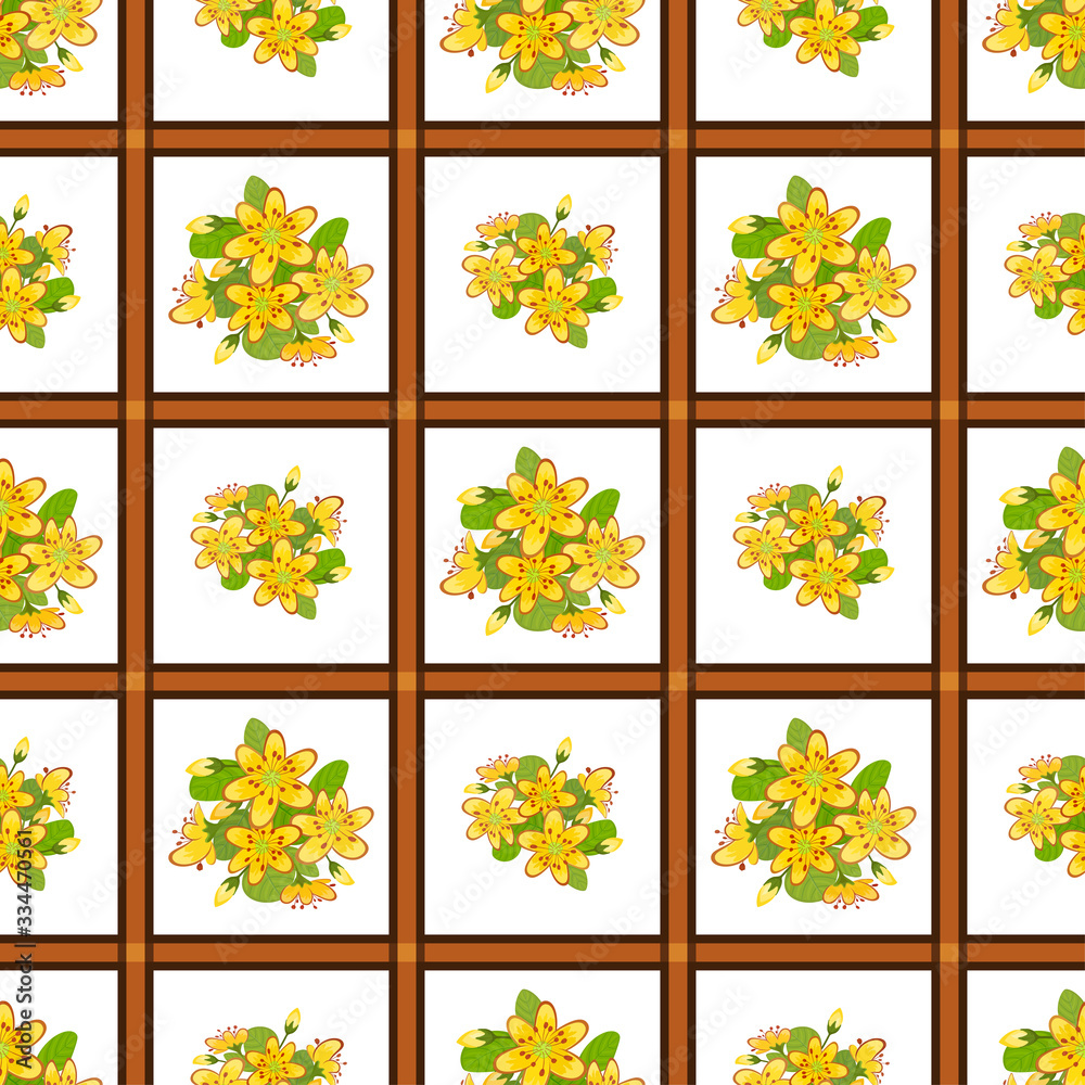 Obraz premium St. John's wort flower bouquets on a seamless pattern