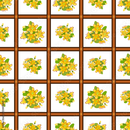 St. John's wort flower bouquets on a seamless pattern