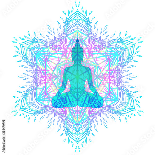 Chakra concept. Inner love, light and peace. Buddha silhouette in lotus position over colorful ornate mandala. Vector illustration isolated. Buddhism esoteric motifs. Tattoo, spiritual yoga.