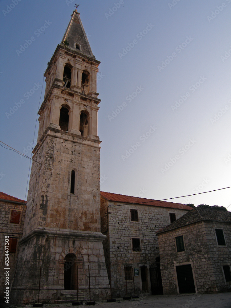 Bell tower, St. Stephen's Square, in the historical centre of Stari Grad, Hvar island, Croatia