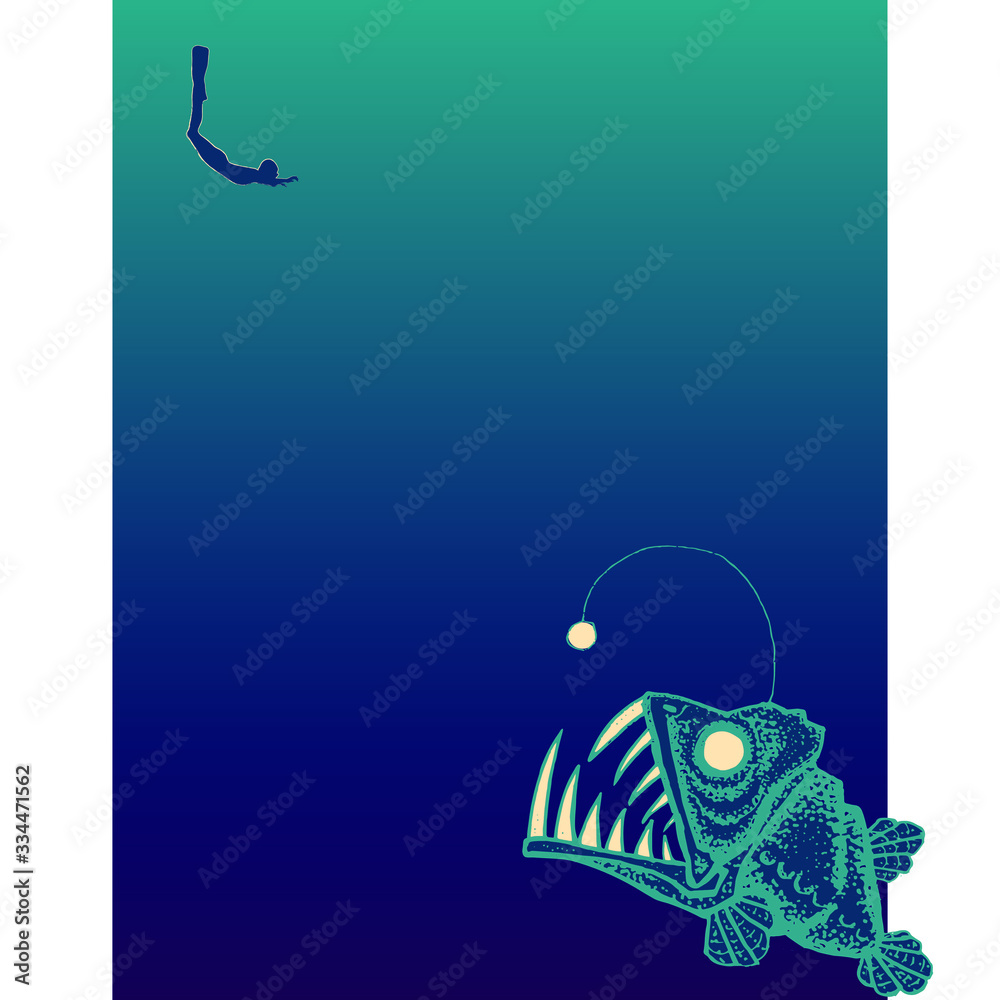 Fototapeta premium vector poster - image of diver and deep sea anglerfish