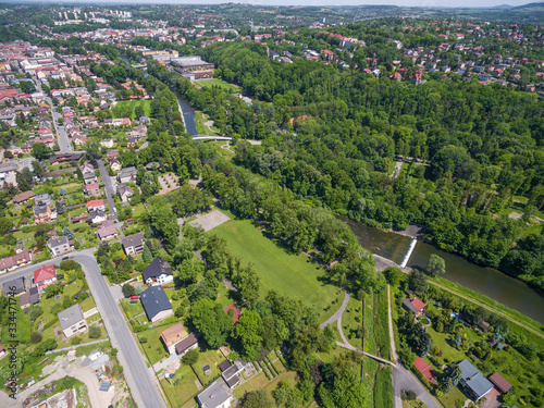Aerial view from Cesky Tesin to Cieszyn with peasant bridge over river Olse. Border between Czech republic and Poland.
