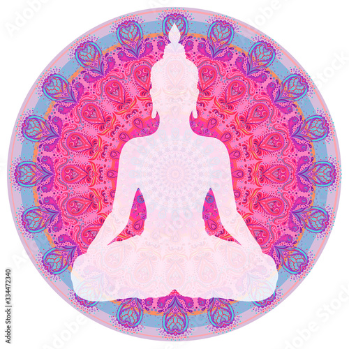 Chakra concept. Inner love, light and peace. Buddha silhouette in lotus position over colorful ornate mandala. Vector illustration isolated. Buddhism esoteric motifs. Tattoo, spiritual yoga.
