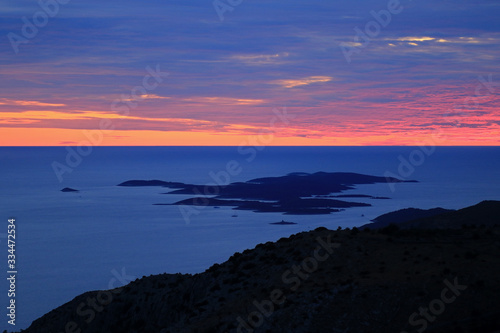 Landscape of Paklinski islands, view from St. Nikola peak, highest peak of Hvar island, Croatia 