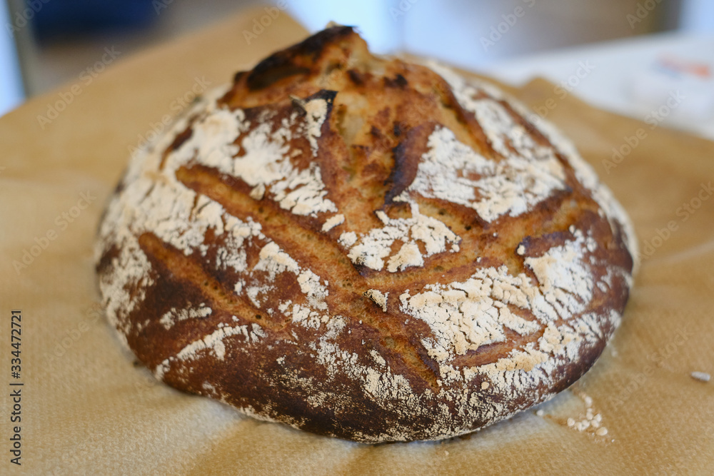 A loaf of sourdough bread baked at home