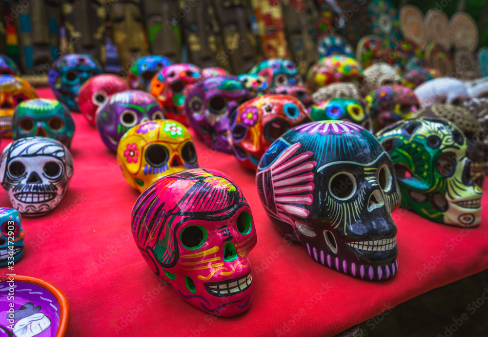 Colourful skeletons decorated by locals at Chichen Itza