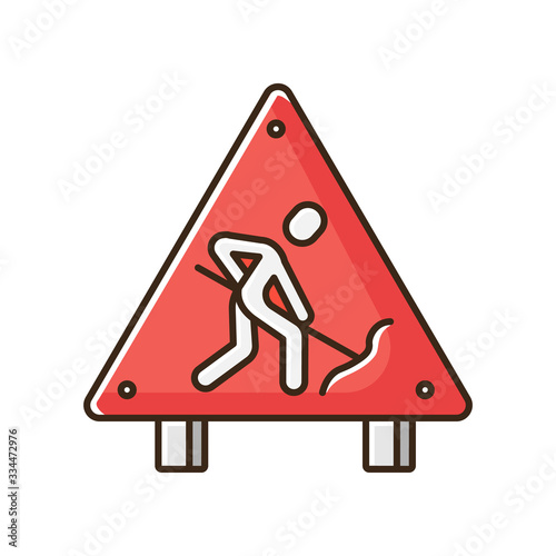 Roadsign RGB color icon. Road works ahead sign. Man digging with shovel. Attention plate for street block. Repair and unfinished construction. Closed highway. Isolated vector illustration