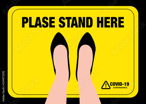 COVID-19 Coronavirus message asking supermarket customer to stand in space. Top view with text in public space practicing social distancing. Blackboard sign or symbol