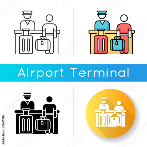 Airport check in icon. Passenger waiting at registration desk. Tourist checking. Receptionist at counter at aircraft terminal. Linear black and RGB color styles. Isolated vector illustrations