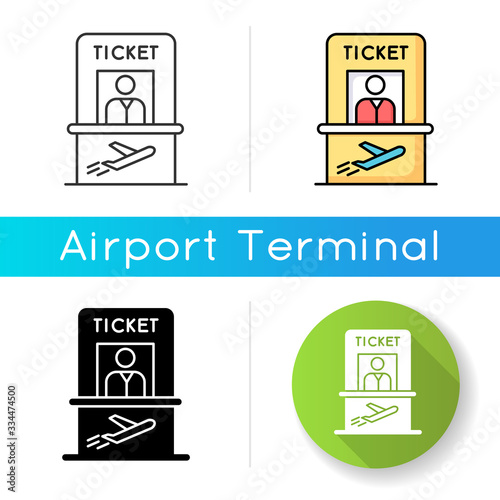 Airplane ticket counter icon. Get boarding pass at registration counter. Check in for flight abroad. Trip departure checkout. Linear black and RGB color styles. Isolated vector illustrations
