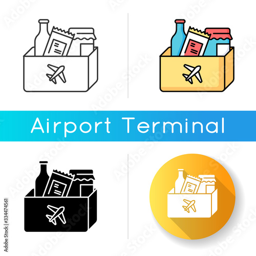 Duty free shopping icon. Products in bag from airport store. Buy vacation gift with zero taxes. Supermarket in aircraft terminal. Linear black and RGB color styles. Isolated vector illustrations