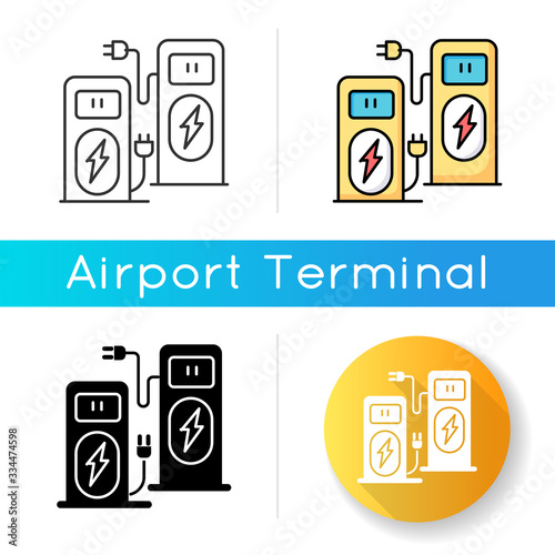 Power recharge terminal icon. Self service kiosk to charge vehicle. Accumulator for fuel supply. Power station for transport. Linear black and RGB color styles. Isolated vector illustrations