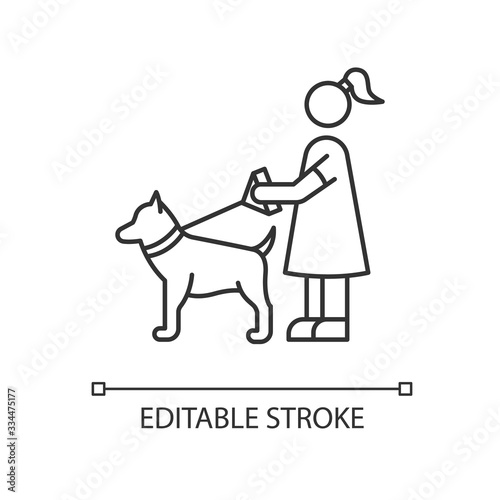 Pet sitting pixel perfect linear icon. Woman with dog on leash. Pet owner. Obedient animal. Thin line customizable illustration. Contour symbol. Vector isolated outline drawing. Editable stroke