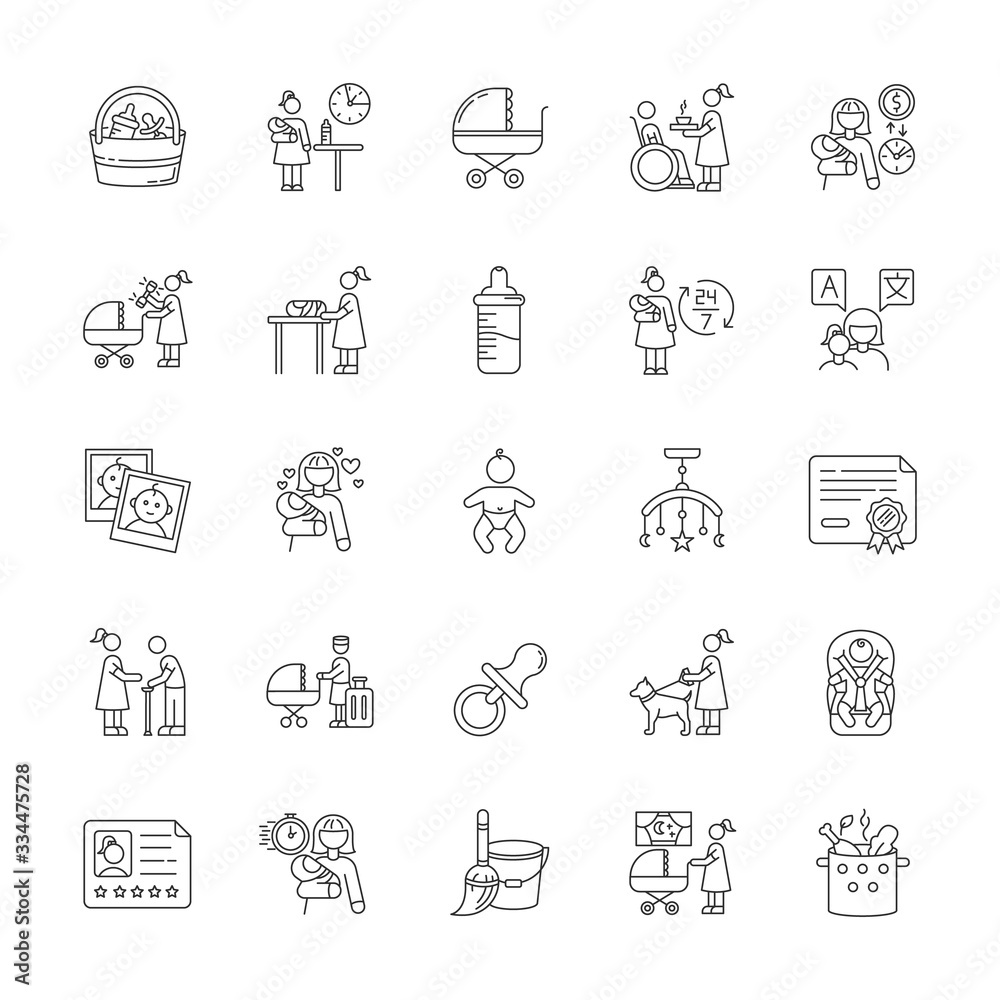 Babysitter service pixel perfect linear icons set. Child care. Help with kids. Full time nanny. Customizable thin line contour symbols. Isolated vector outline illustrations. Editable stroke